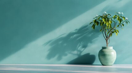 Wall Mural -  A green vase holds a plant, its reflection against a blue wall The plant casts a shadow onto the wall