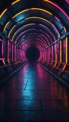 Canvas Print - Explore a neon-lit geometric shape in a 3D-rendered tunnel