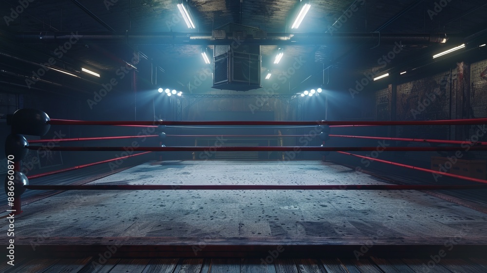 Boxing Ring Cold This image shows a blue-hued boxing ring under cold, dramatic lighting ...