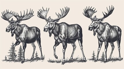 A stunning black and white illustration shows three moose walking gracefully in the forest, with detailed antlers and muscular features, capturing the essence of wildlife in nature.