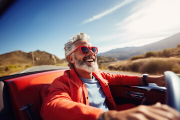 Mature man riding a red vintage retro cabriolet car. Generative AI