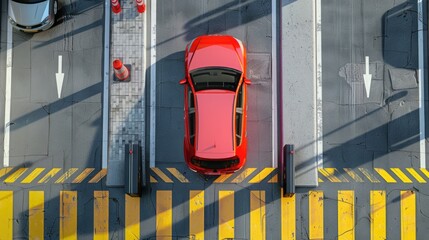 Canvas Print - Red Car Parked Alongside Road