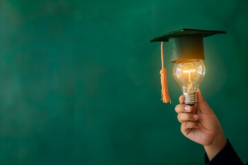 Wall Mural - Hand with Glowing Light Bulb and Graduation Cap