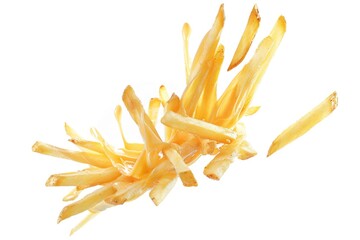 Canvas Print - A pile of crispy French fries on a clean white surface, ideal for food photography or illustration