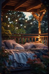 Poster - a bed with pillows and blankets under a wooden gazebo