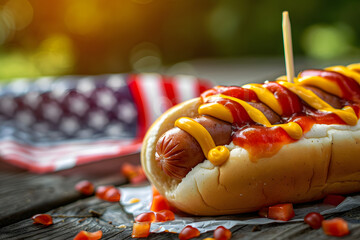 Wall Mural - A hot dog with ketchup, mustard with an american stars and stripes flag. 4th July celebration food