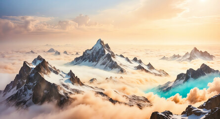 Poster - Majestic Mountain Peaks Soaring Above the Clouds at Sunset