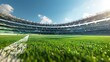 © cvetikmart - Close-up 3D render of football stadium from field perspective, detailed grass and seating, immersive and realistic daytime scene. 3D render football arena