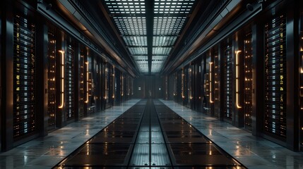 Poster - a long hallway with rows of glass doors