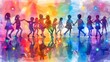 © Ytnart - Vibrant watercolor of children dancing in unity, reflecting their silhouettes against a colorful background. Perfect for themes of joy and togetherness.