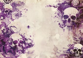 Wall Mural - a purple and white background with skulls and clocks