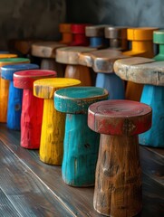 Poster - a row of colorful stools sitting on top of a wooden floor