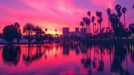 Poster - a sunset view of palm trees and a lake