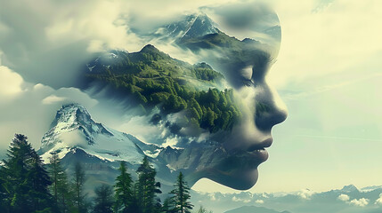 Double exposure combines a woman's face, high mountains and forest. Panoramic view. The concept of the unity of nature and man. Dream, reminisce or plan a climb. Memory of a mountaineer. Illustration.