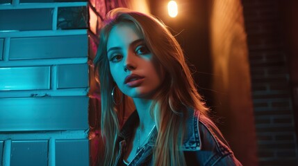 Poster - a woman standing in front of a wall with a neon light