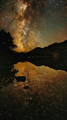 Wall Mural - the night sky is reflected in the still water of a lake - generative ai