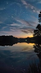 Wall Mural - the night sky is reflected in the still water of a lake - generative ai