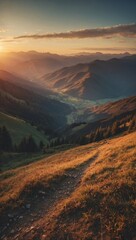 Poster - Filtered panoramic sunrise in the mountains with vintage effect