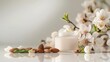 © AkuAku - Cream jar on light background with hand care lotion containing almond oil and vitamins for body skin beauty Bright backdrop cosmetics almond blossoms Mockup with empty space