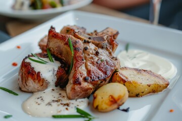 Wall Mural - Grilled lamb chops with roasted potatoes and creamy sauce on a white plate.