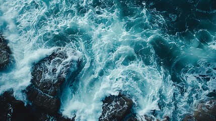 Overhead view of ocean waves crashing into a rocky coast, in deep sea blue and ivory, ultra HD, minimalist and bold