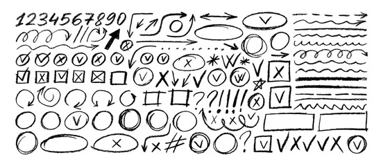 Various crayon drawn elements for hand drawn notes, diagrams and journaling. Underline and emphasis pencil elements, check marks, numbers and arrows. Vector charcoal punctuation marks.