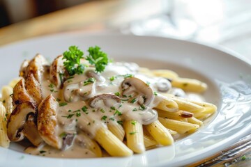 Wall Mural - Penne pasta with mushrooms and chicken in creamy sauce.