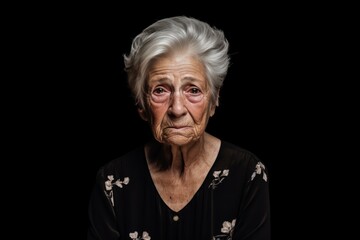 Sad homeless Caucasian bruising senior woman portrait on dark background. Elderly gray hair female looking frustrated, alcoholic, stressed, unhappy and annoyed, Domestic Violence and Emotional Abuse