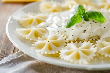 Canvas Print - Close-up of pasta with creamy sauce and basil on a white plate.