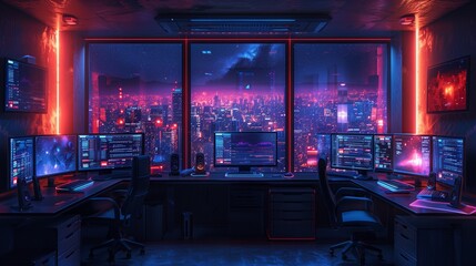 Wall Mural - A modern gaming setup with multiple monitors and a night city skyline view.