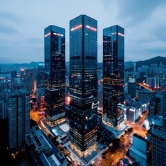 Urban skyline at night with illuminated skyscrapers, city life, modern metropolis