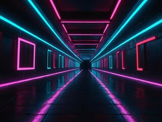 Poster - Geometric neon light shapes illuminate a dark 3D-rendered tunnel