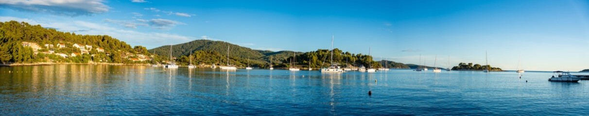 Wall Mural - Panorama view of yachts moored on buoys near the shore in the bay of Uvala Gradina near the town of Vela Luka on the island of Korcula in Croatia