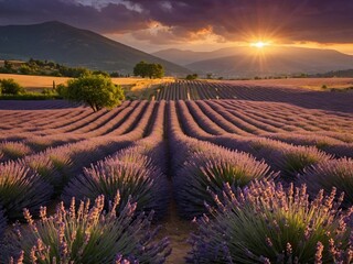 Wall Mural - Golden-hour glow over picturesque lavender fields