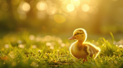 Sticker - Adorable baby duck alone in sunlight with space for text