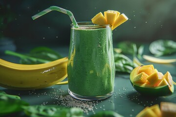 Wall Mural - Green smoothie with straw surrounded by spinach, banana, and mango on a dark background.