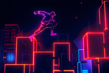 Wall Mural - Neon silhouette of character jumping over obstacles isolated on black background.