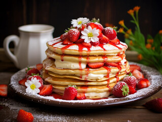 Wall Mural - Delicious Pancakes with Icing and Strawberries