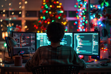 male programmer in front of three monitors, coding at night with Christmas lights on the background 