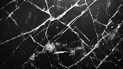 A high-contrast abstract image featuring prominent white cracks against a solid black background, creating a striking visual effect and a sense of fragmentation.
