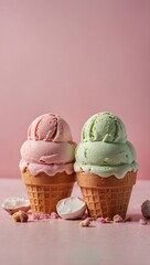 Wall Mural - Ice cream scoops on soft pink background. Minimalistic summer dessert theme