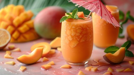 Wall Mural - Two glasses of mango smoothies with fresh mint leaves and a pink paper umbrella garnish, surrounded by sliced mango, a whole mango, and a lemon.