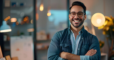 Wall Mural - Business man, arms crossed and smiling face with creative worker and confident from admin consultant job. Happy, professional and portrait with entrepreneur employee for startup career at night