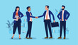© Knut - Business deal - Team and group of businesspeople shaking hands over agreement and collaboration. Teamwork and handshake concept in flat design vector illustration with blue background
