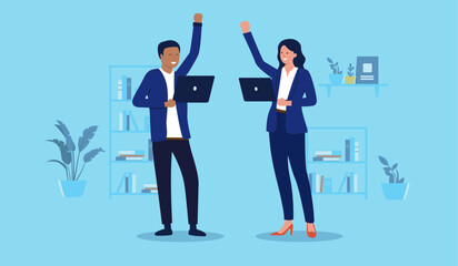 Aufkleber - Cheerful people with computers - Two businesspeople developers with hands in air, cheering and celebrating triumph and great victory together as a team. Winning team concept in flat design vector