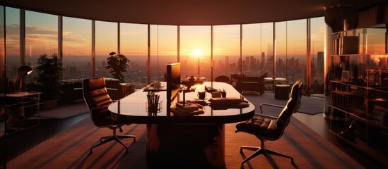 Wall Mural - Modern Office with Panoramic City View at Sunset