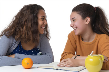 Wall Mural - Two girls are sitting at a table with a book and a cup of orange juice