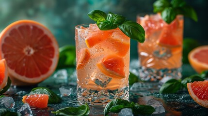 Wall Mural - A glass of grapefruit and basil cocktail with ice cubes, garnished with basil leaves, on a green surface.