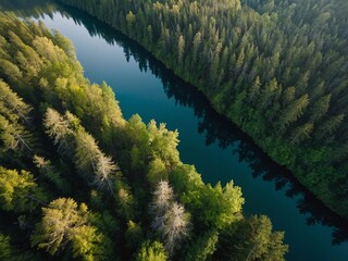 Wall Mural - Landscape from above lake and part of lush green forest in daylight