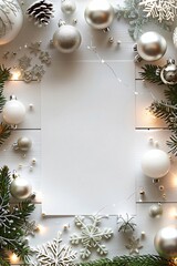 Christmas menu template with silver and white ornaments, pine branches, and fairy lights on a festive white wooden background